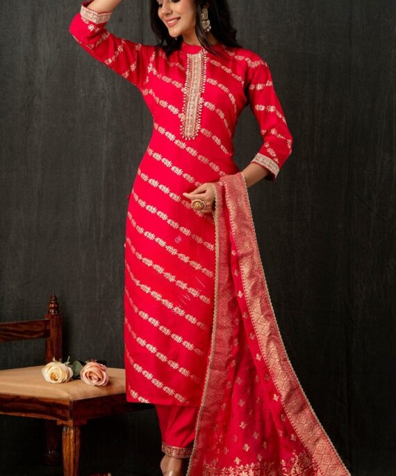 Reyon kurti with jari work pent and dupatta
