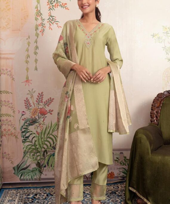 Roman silk neck work kurti with pent and printed organza dupatta
