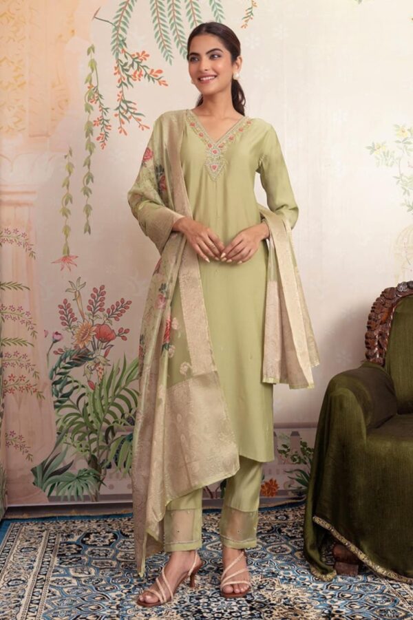 Roman silk neck work kurti with pent and printed organza dupatta