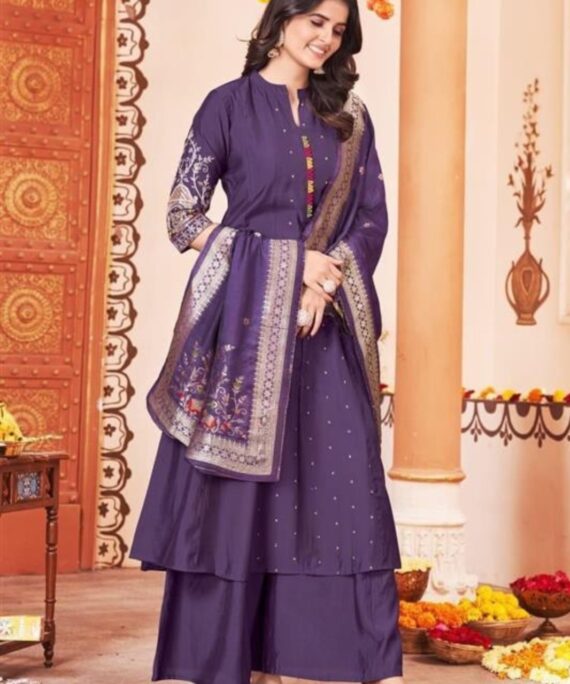 Muslin Silk Front Cut Set with Divider and Zari Work Dupatta
