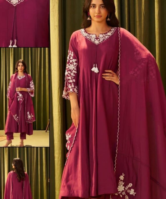 Anarkali Style Chanderi Silk Suit with Neck Work and Sleeve Work