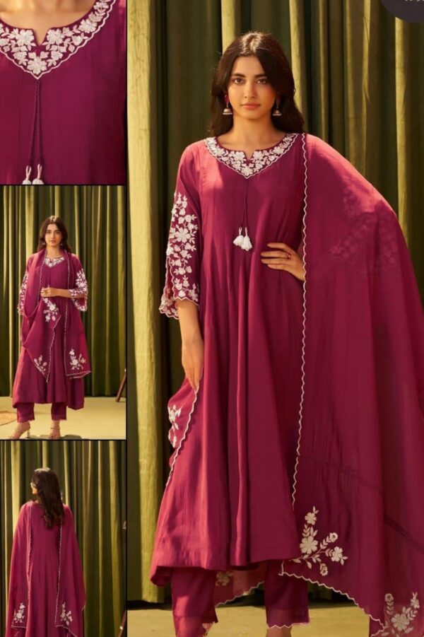 Anarkali Style Chanderi Silk Suit with Neck Work and Sleeve Work