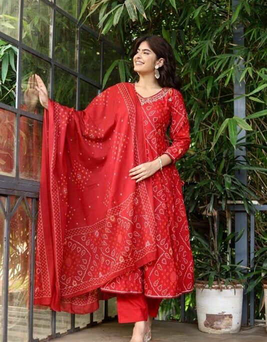 Bandhni Cotton Anarkali Set with Beautiful Neck Work
