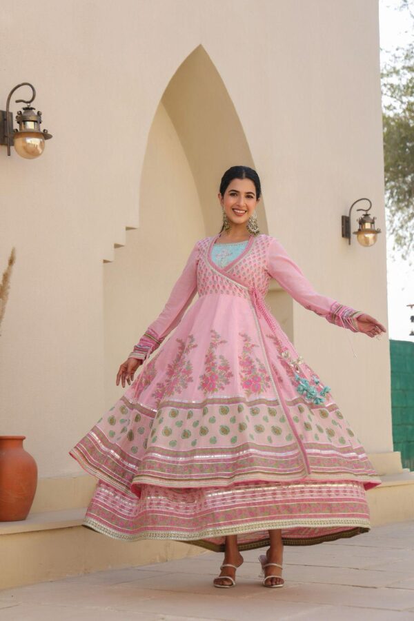 Mal Cotton Sleeveless Flour Length Gown with Shrug in Gota Patti Work