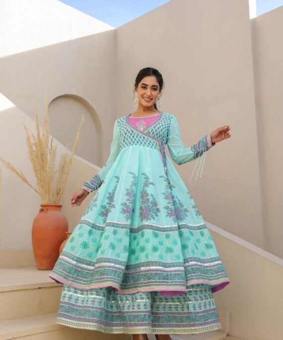Mal Cotton Sleeveless Flour Length Gown with Shrug in Gota Patti Work