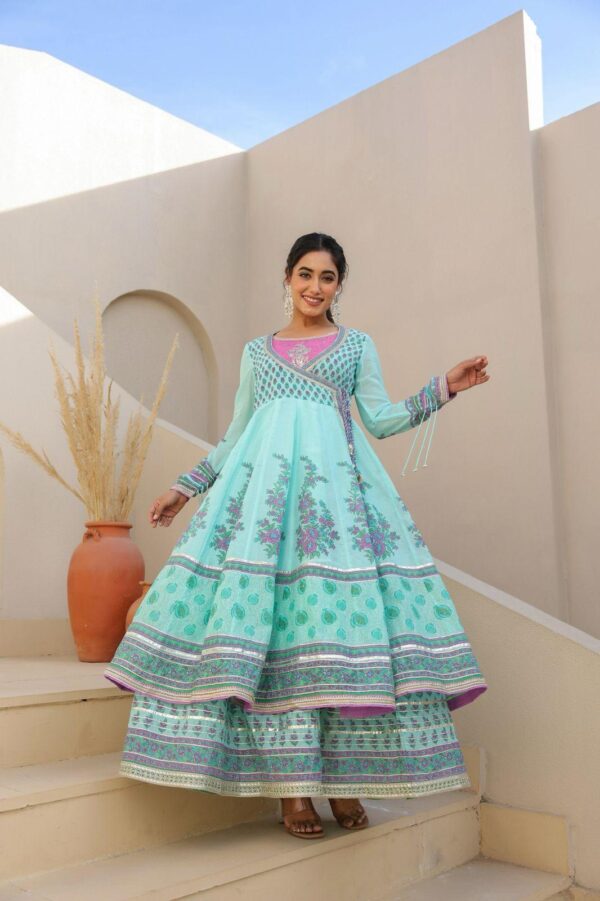 Mal Cotton Sleeveless Flour Length Gown with Shrug in Gota Patti Work