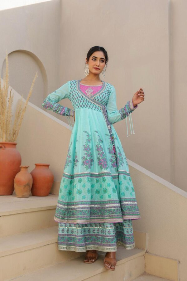 Mal Cotton Sleeveless Flour Length Gown with Shrug in Gota Patti Work
