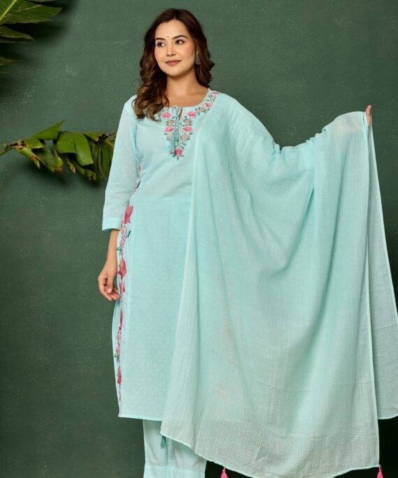 Mul cotton set with embroidery and Kota Doria dupatta
