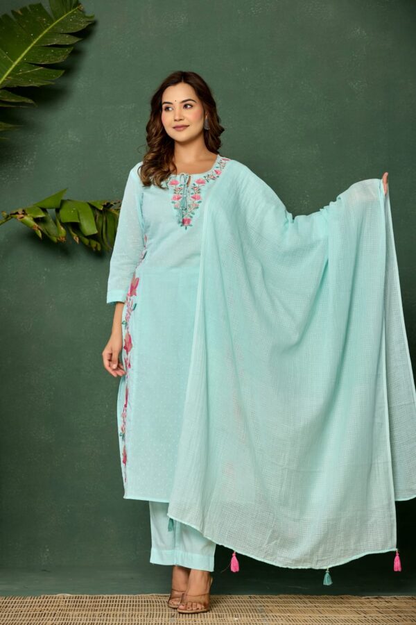 Mul cotton set with embroidery and Kota Doria dupatta