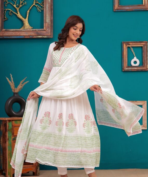 Mul cotton anarkali suit with pant and mul  cotton dupatta