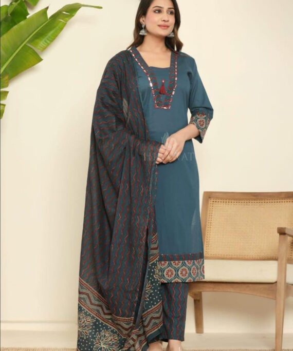 Cotton stylish neck kurti with bottom and dupatta