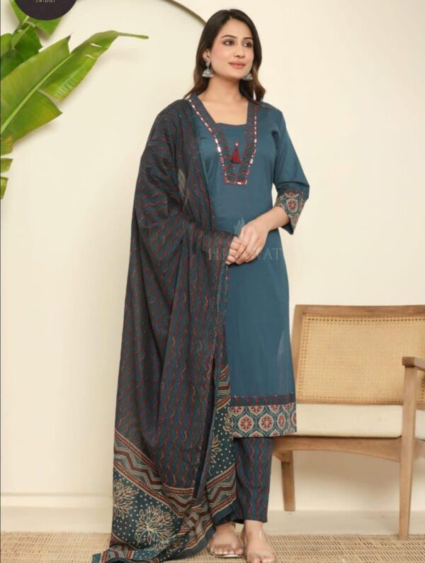 Cotton stylish neck kurti with bottom and dupatta