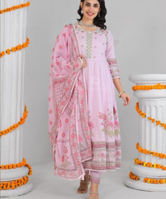 Roman silk neck work kurti with pent and printed organza dupatta