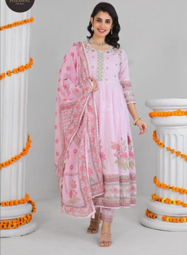 Roman silk neck work kurti with pent and printed organza dupatta