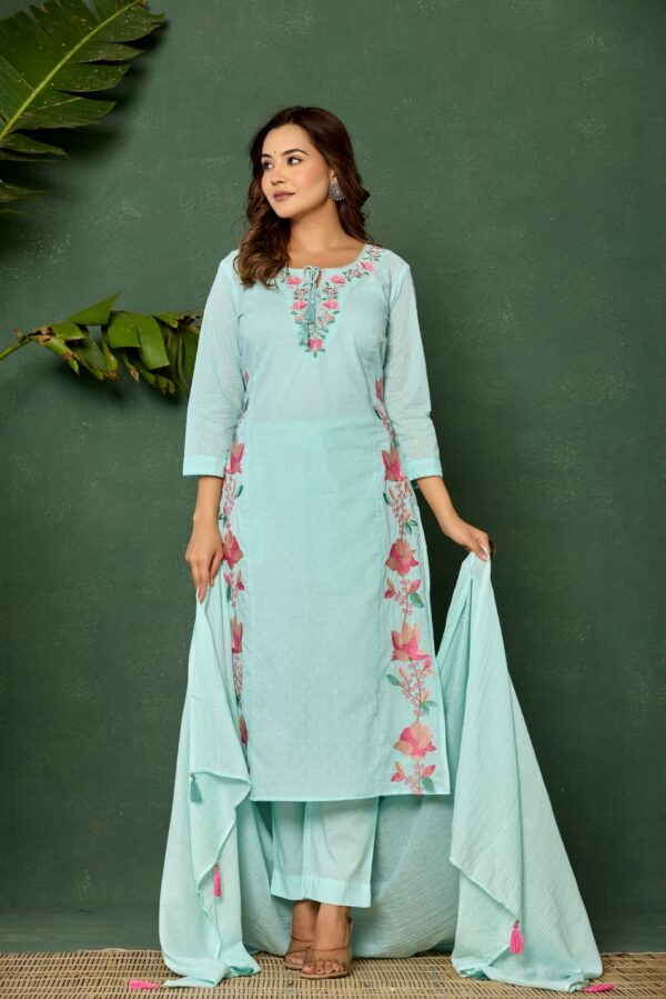 Mul cotton set with embroidery and Kota Doria dupatta