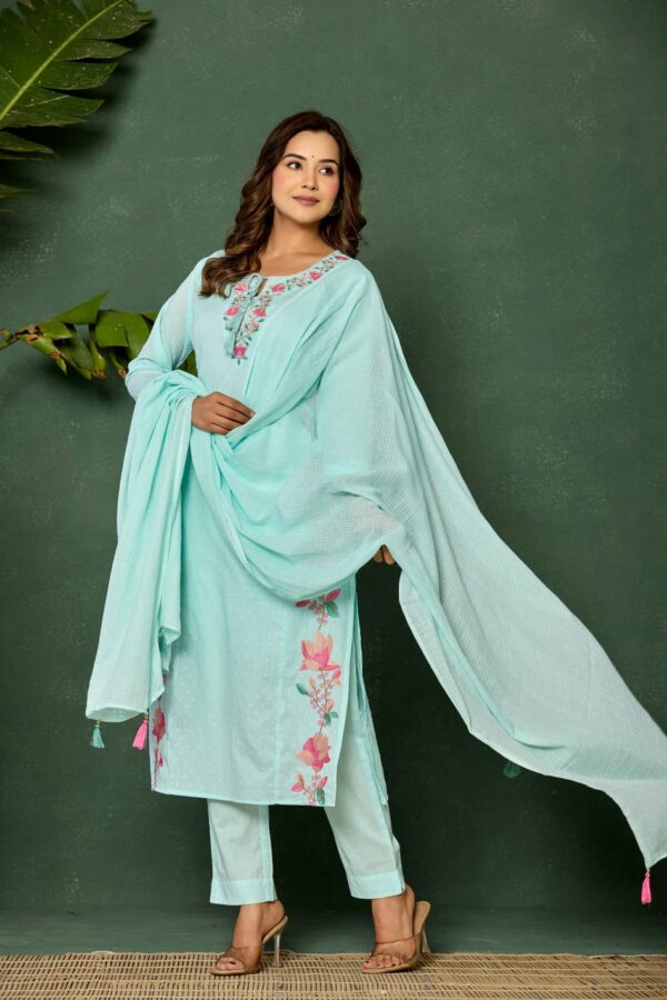 Mul cotton set with embroidery and Kota Doria dupatta