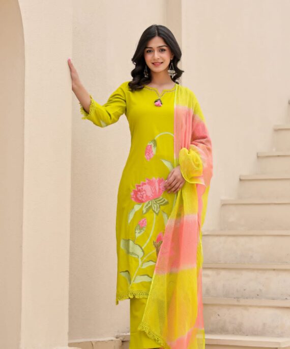 Cotton set with embroidery and Kota Doria dupatta