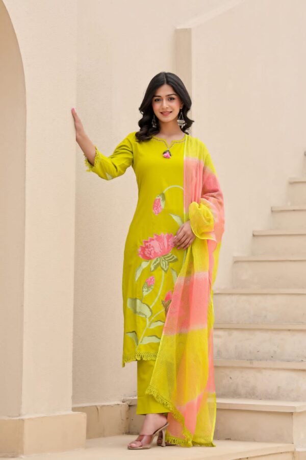 Cotton set with embroidery and Kota Doria dupatta