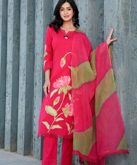 Cotton set with embroidery and Kota Doria dupatta