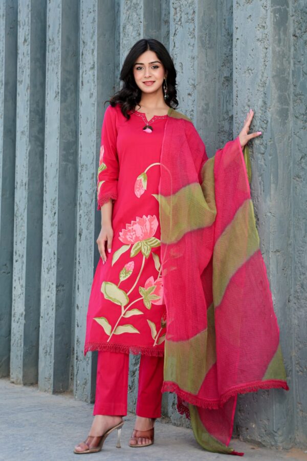 Cotton set with embroidery and Kota Doria dupatta