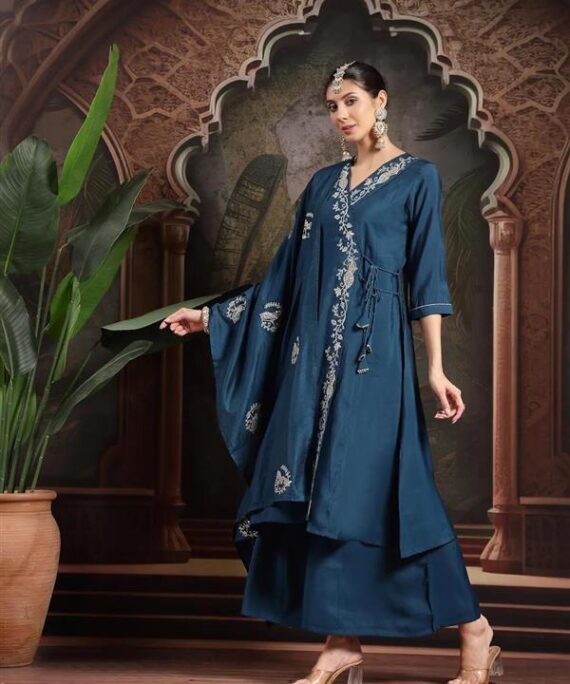 Designer Roman Silk Set with Divider and Dupatta