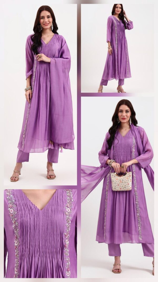 Mul Chanderi purple kurta dupatta pant set with handwork