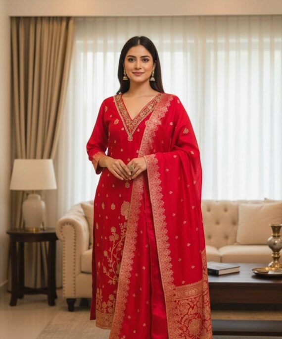 Classic red karwa chauth special dupatta set with zari work