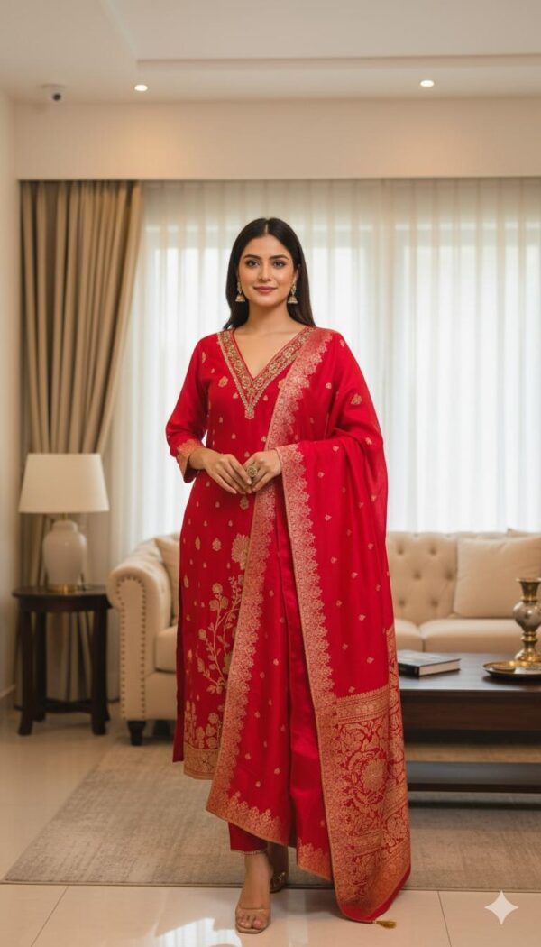 Classic red karwa chauth special dupatta set with zari work